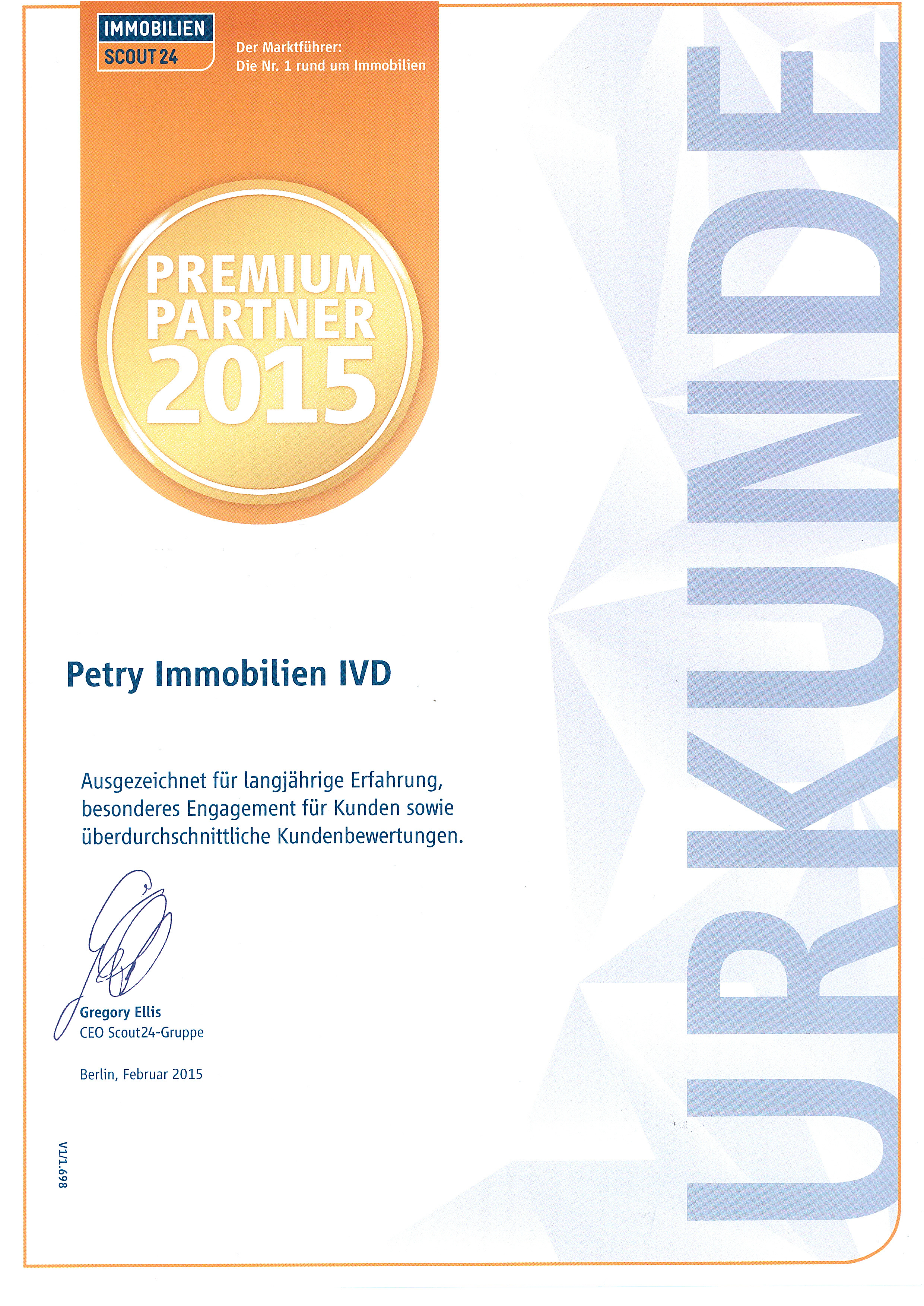 PETRY Immobilien ist Immobilienscout24 - Premiumpartner 2015